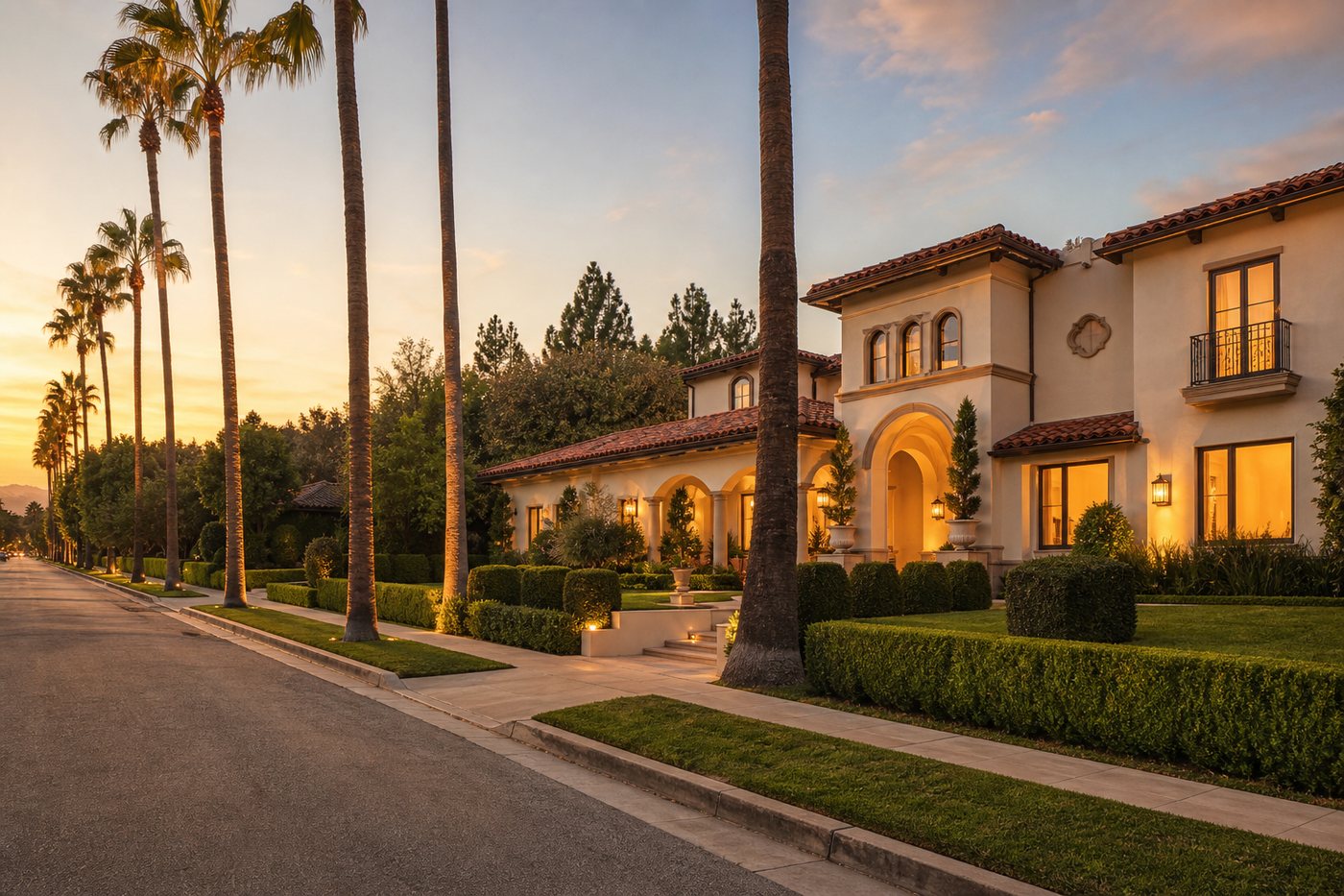 AI-generated concept image of a Beverly Hills residential street at golden hour, representing the Los Angeles Westside neighborhoods Jeff Wong serves